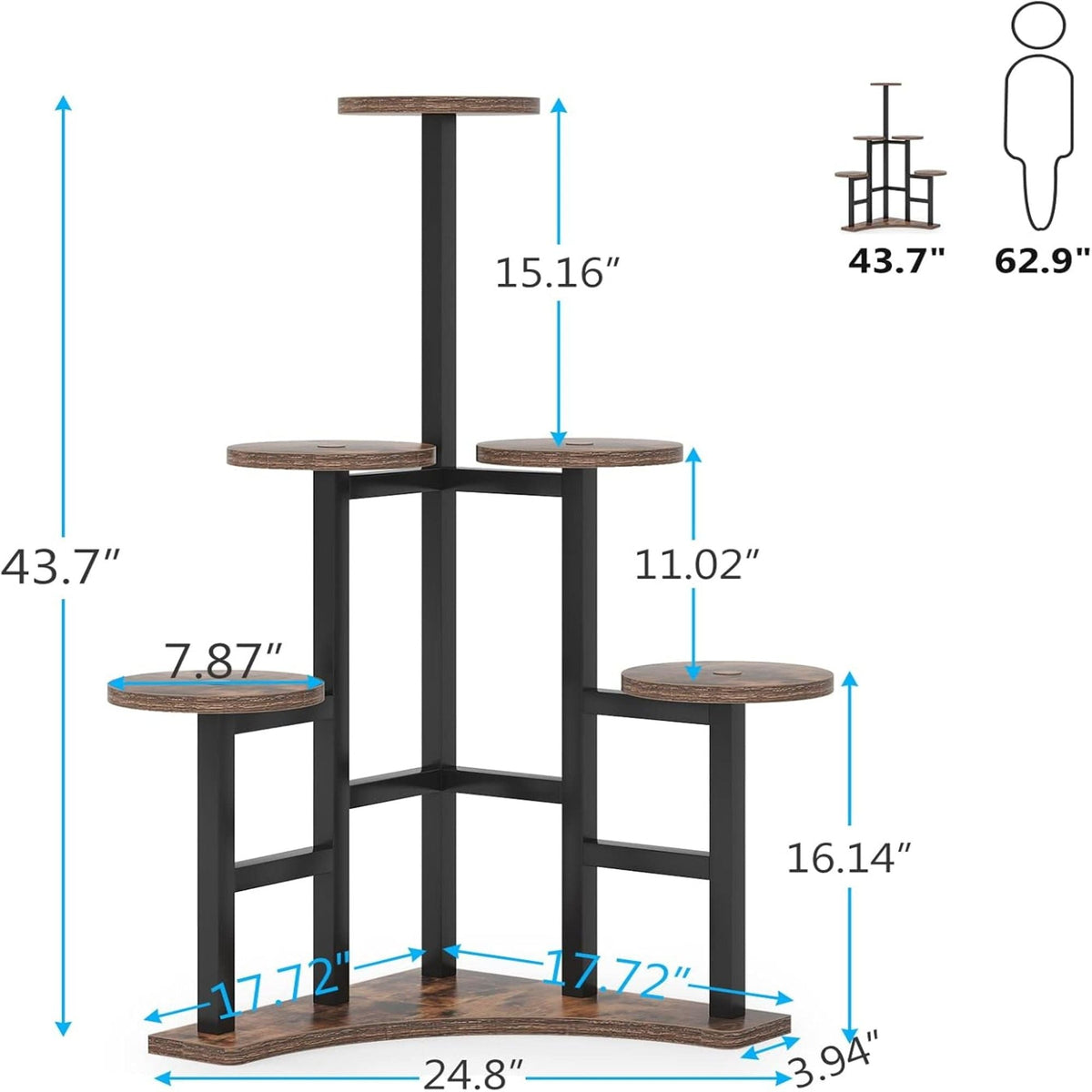 Rustic Brown 6 Tier Corner Plant Shelf with Steel Frame - Living Room