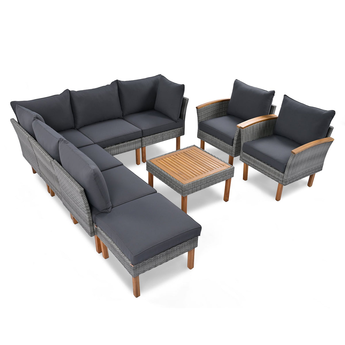 9-Piece Patio Rattan Furniture Set with Acacia Wood Legs - Outdoor