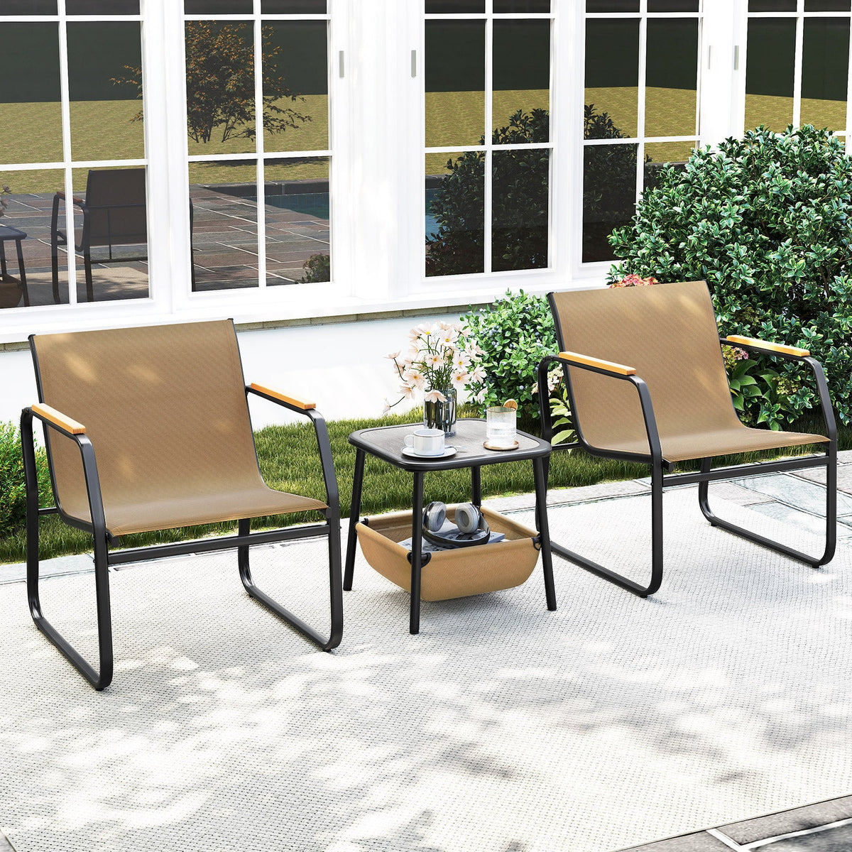 3 Pieces Patio Furniture Set Outdoor Bistro Conversation Set-Brown