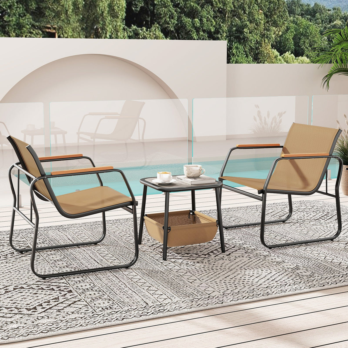 3 Pieces Patio Furniture Set Outdoor Bistro Conversation Set-Brown