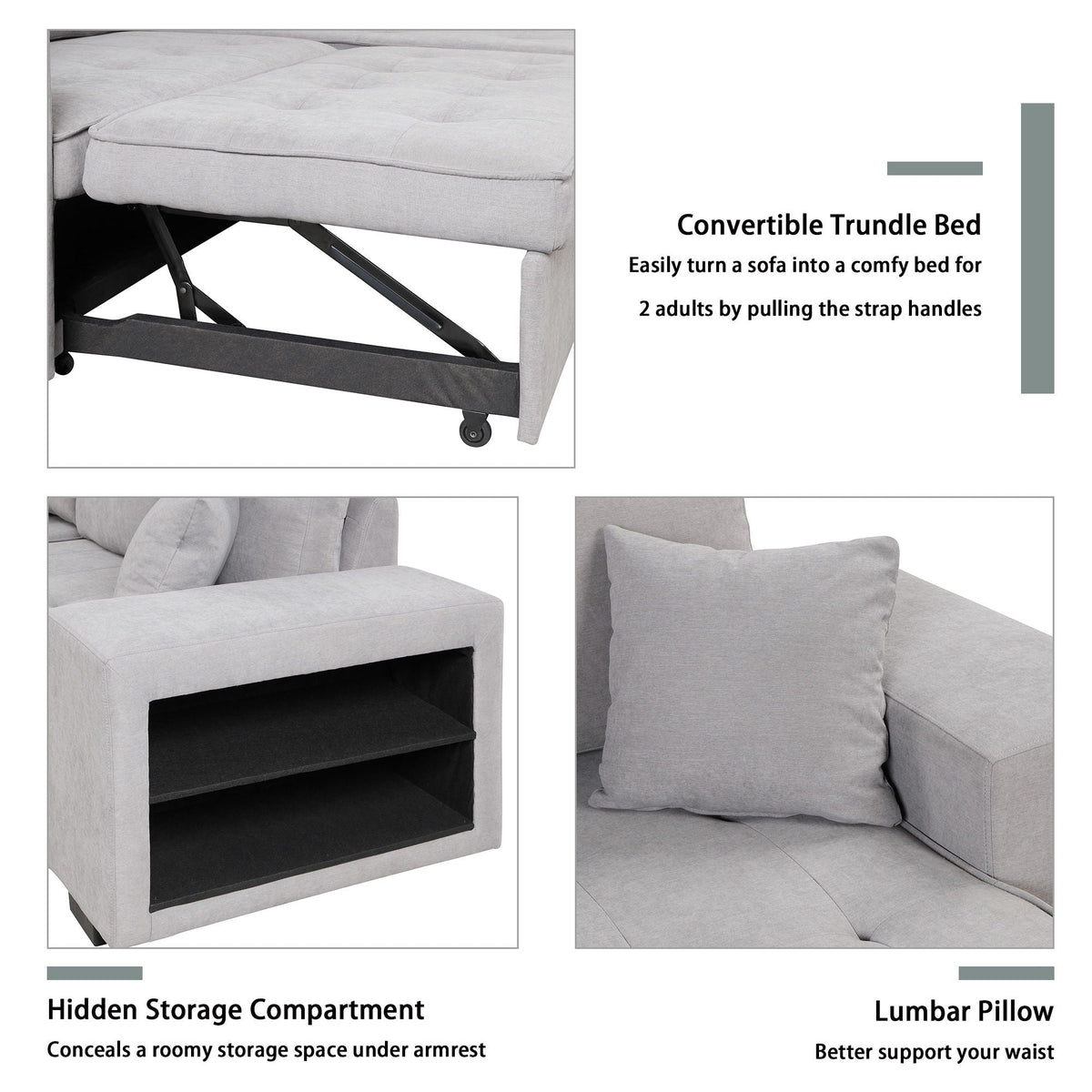 Modern L-Shape 3 Seat Reversible Sectional Couch, Pull Out Sleeper Sofa With Storage Chaise And 2 Stools For Living Room Furniture Set