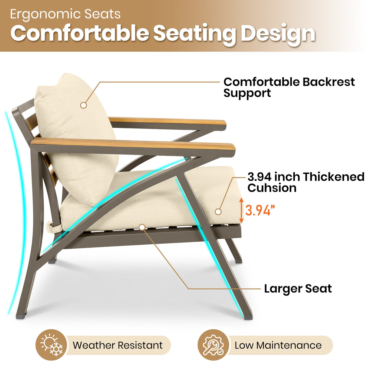 6-Piece Outdoor Patio Furniture Set with Steel Frame & Acacia Wood Table - Brown, Cream Beige