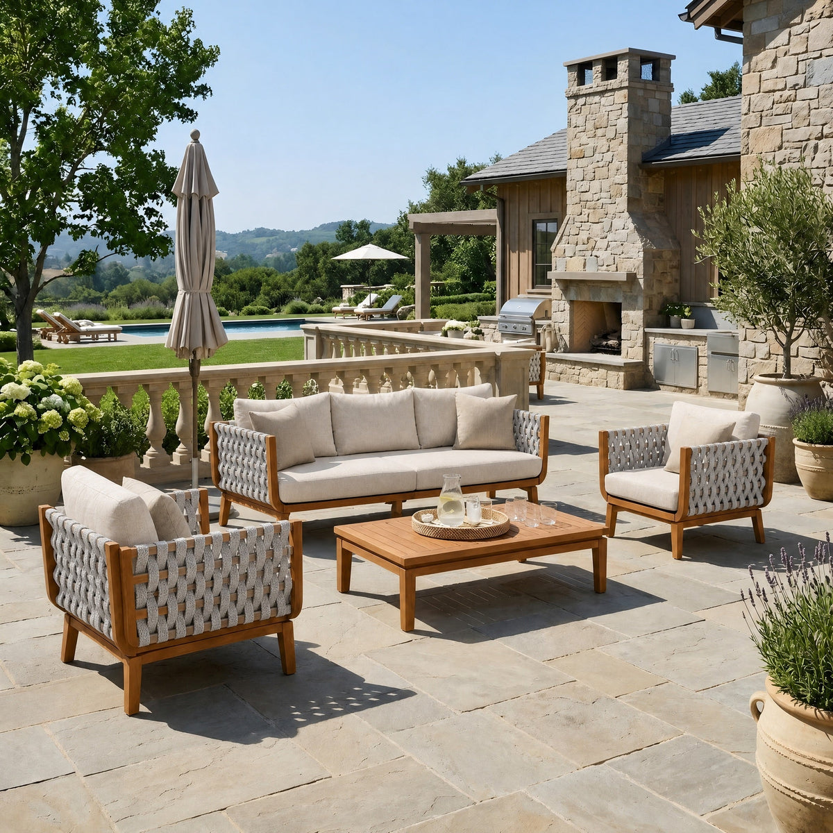 4 Pcs Outdoor Patio Furniture Set with Teak Finish Frame - Acacia Wood
