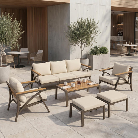 6-Piece Outdoor Patio Furniture Set with Steel Frame & Acacia Wood Table - Brown, Cream Beige
