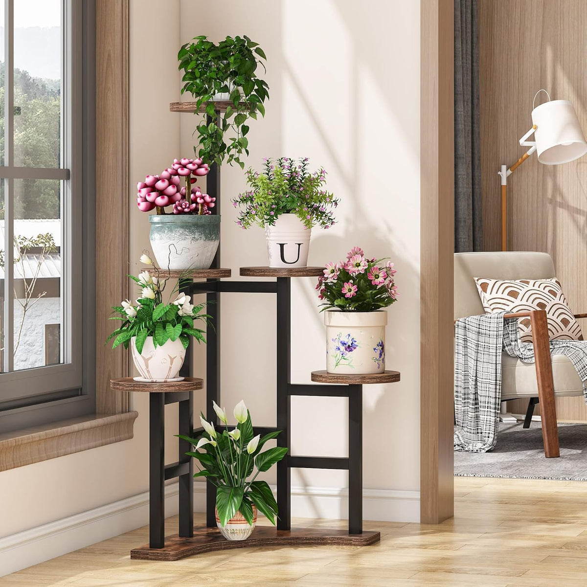 Rustic Brown 6 Tier Corner Plant Shelf with Steel Frame - Living Room
