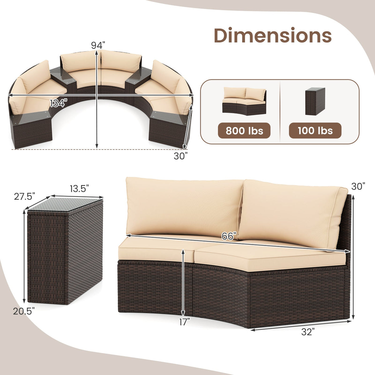 7 Pieces Patio Furniture Set PE Rattan Half-Moon Curved Sofas with Side Tables-Brown