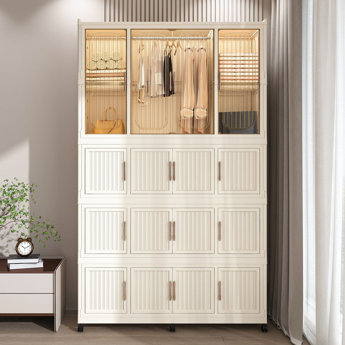 Portable Wardrobe Closet Storage Organizer With 17 Magnetic Doors, 17 Cubes, Hanging Rod & 6 Hangers - Creamy White