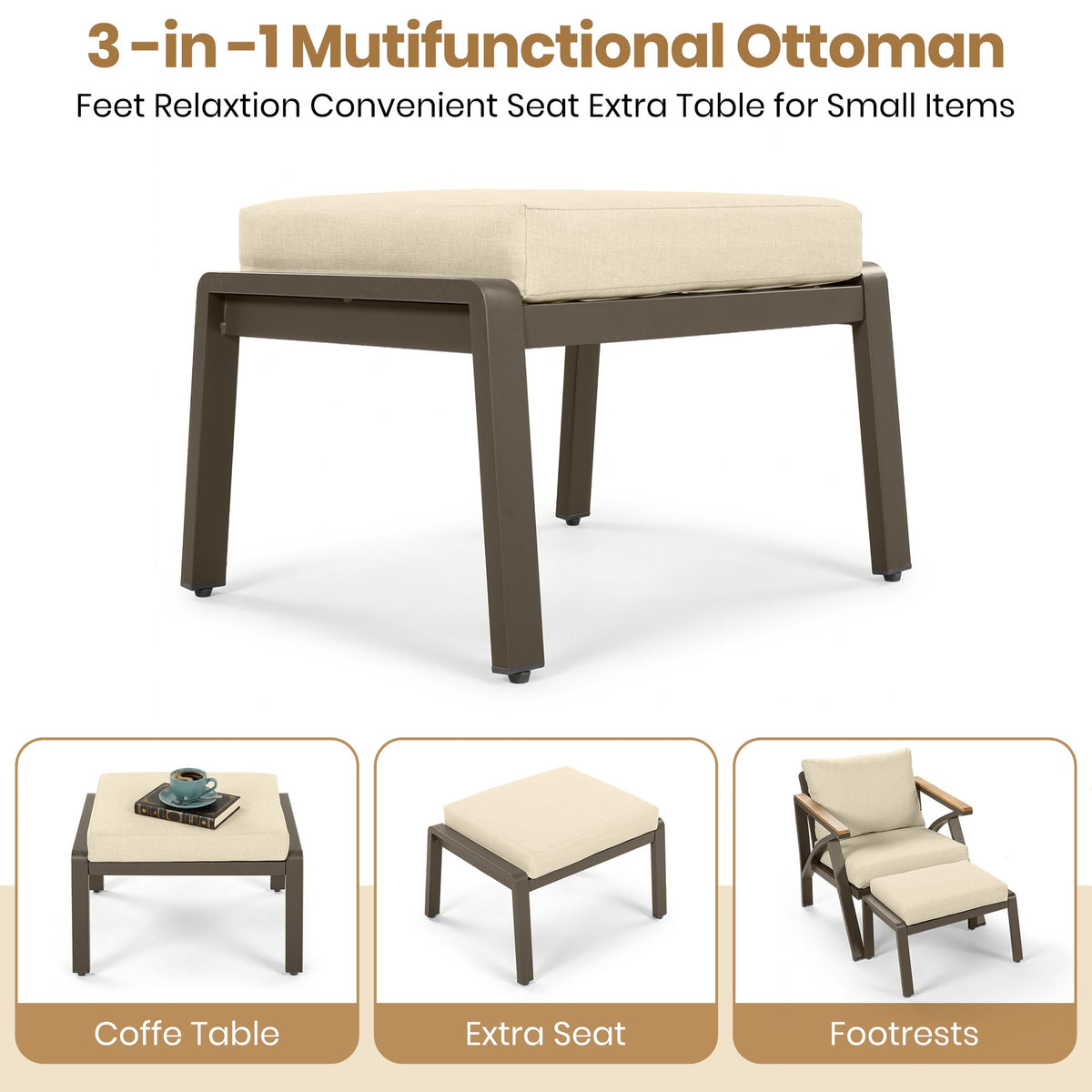 6-Piece Outdoor Patio Furniture Set with Steel Frame & Acacia Wood Table - Brown, Cream Beige