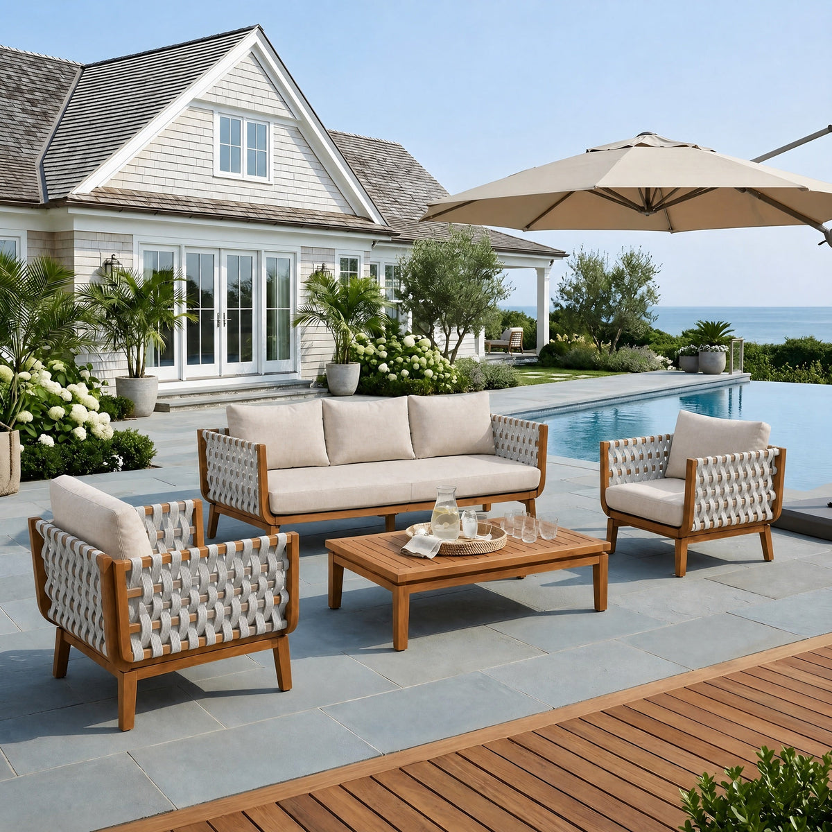 4 Pcs Outdoor Patio Furniture Set with Teak Finish Frame - Acacia Wood