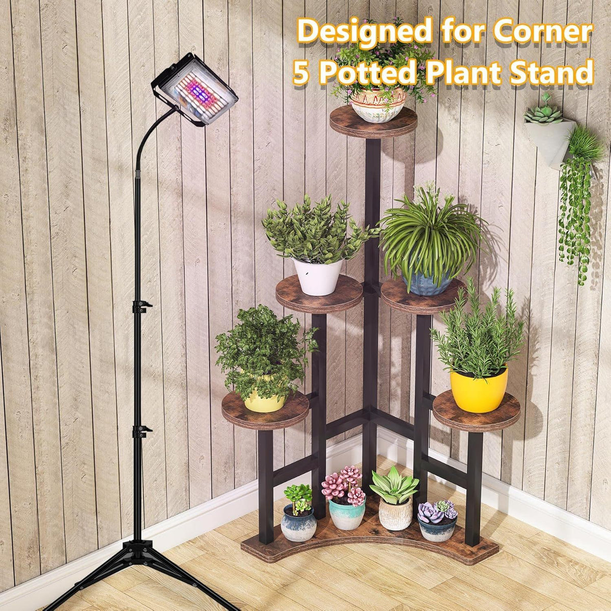 Rustic Brown 6 Tier Corner Plant Shelf with Steel Frame - Living Room