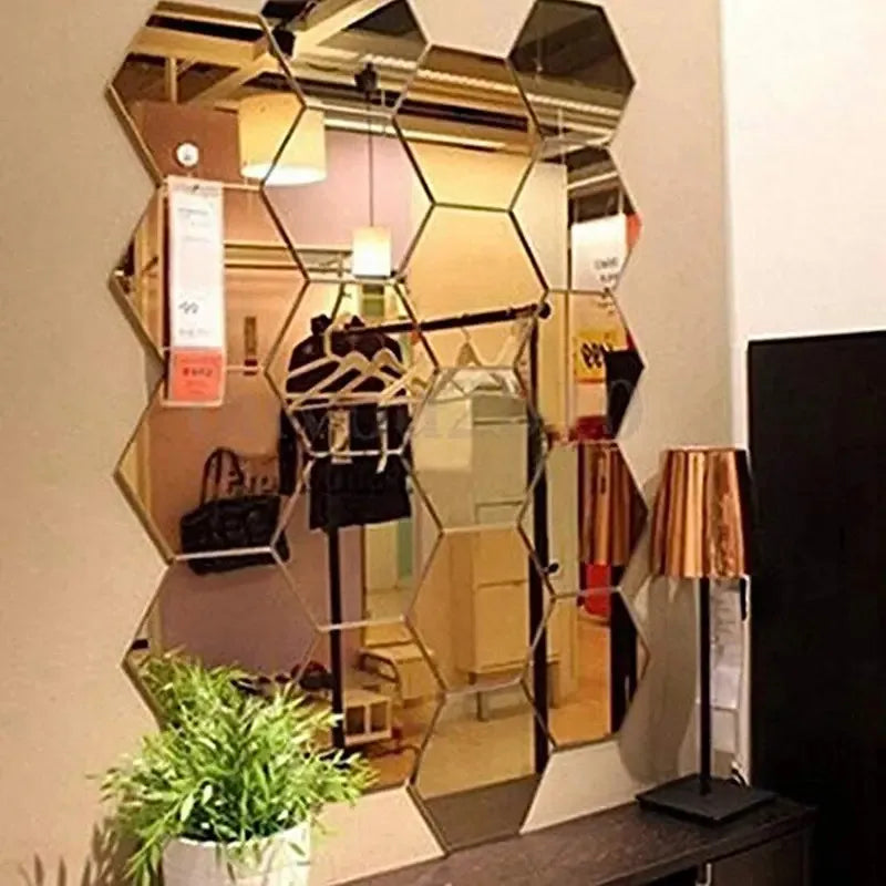 6/12pc Hexagon Mirror Wall Stickers 3D DIY Acrylic Mirror Sticker Self Adhesive Decals Removable Living Room Bathroom Home Decor