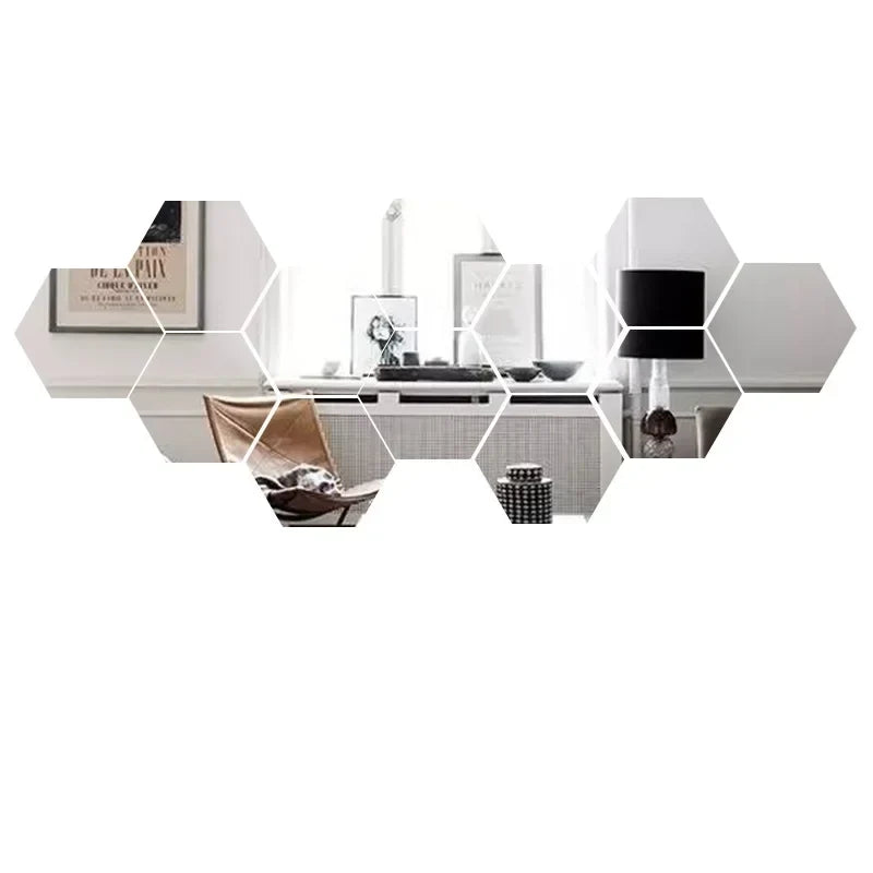 6/12pc Hexagon Mirror Wall Stickers 3D DIY Acrylic Mirror Sticker Self Adhesive Decals Removable Living Room Bathroom Home Decor