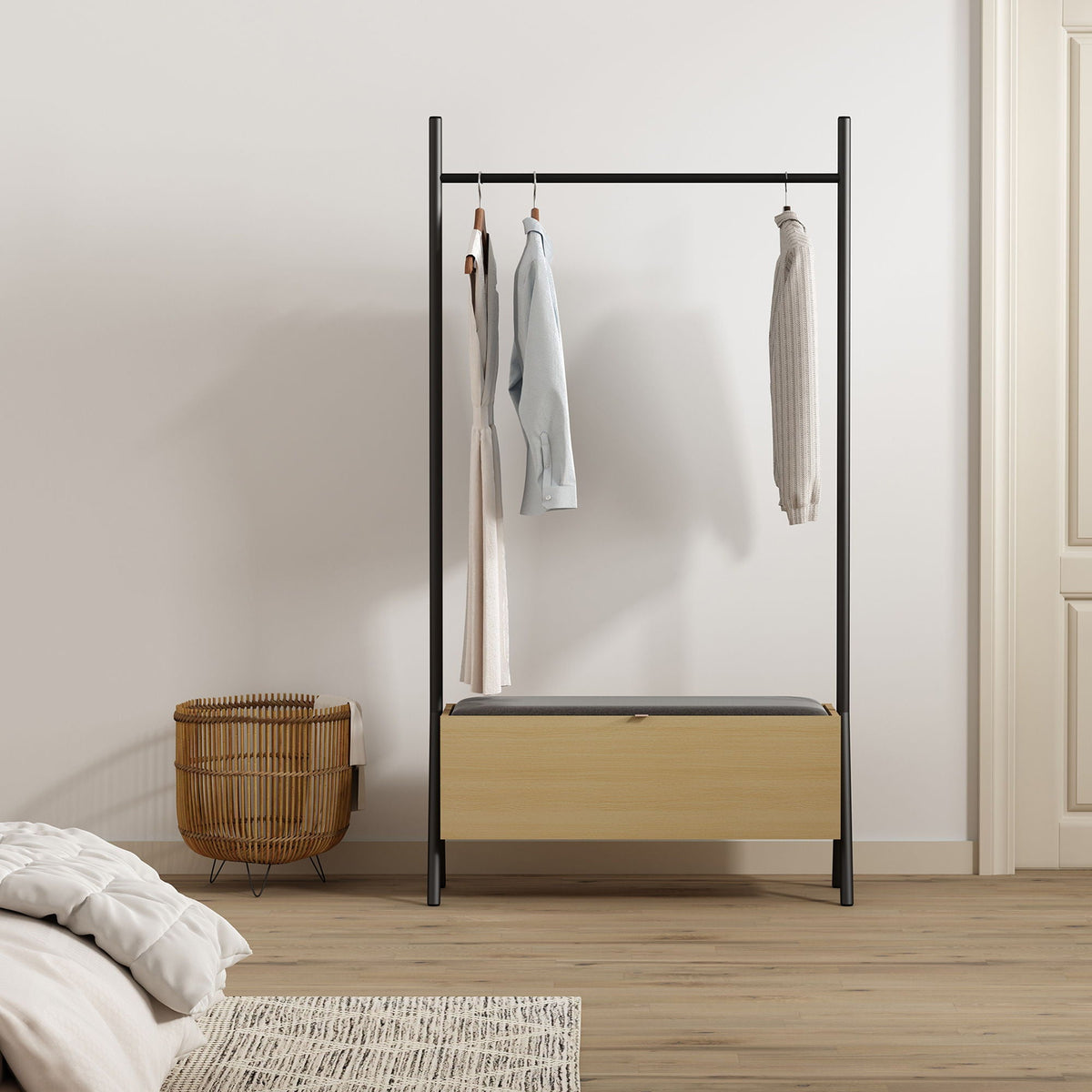 Open Hanging Closet with Upholstered Bench Storage - Light Oak