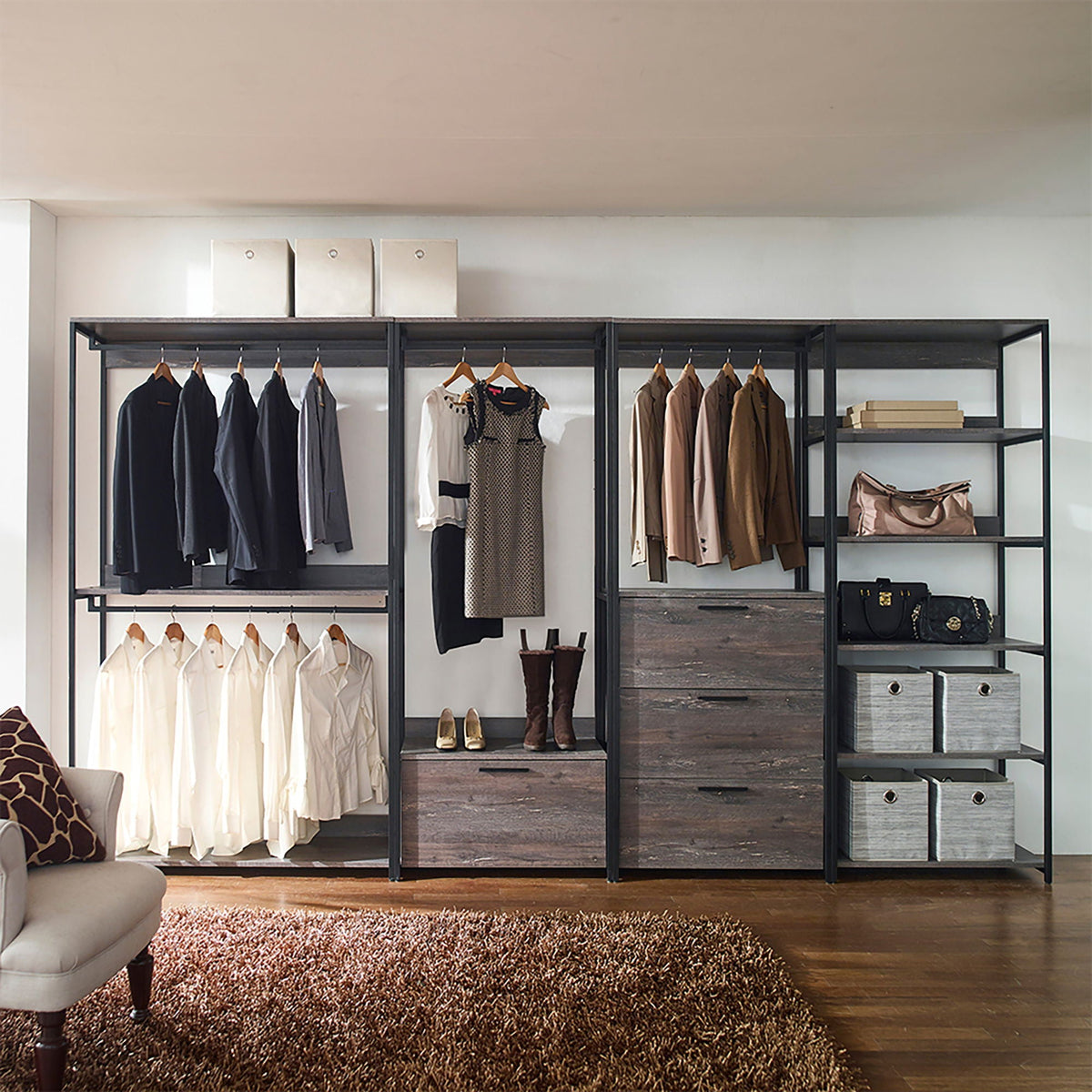 Gray Walk-In Closet Wardrobe with 5-Shelf Modular Construction