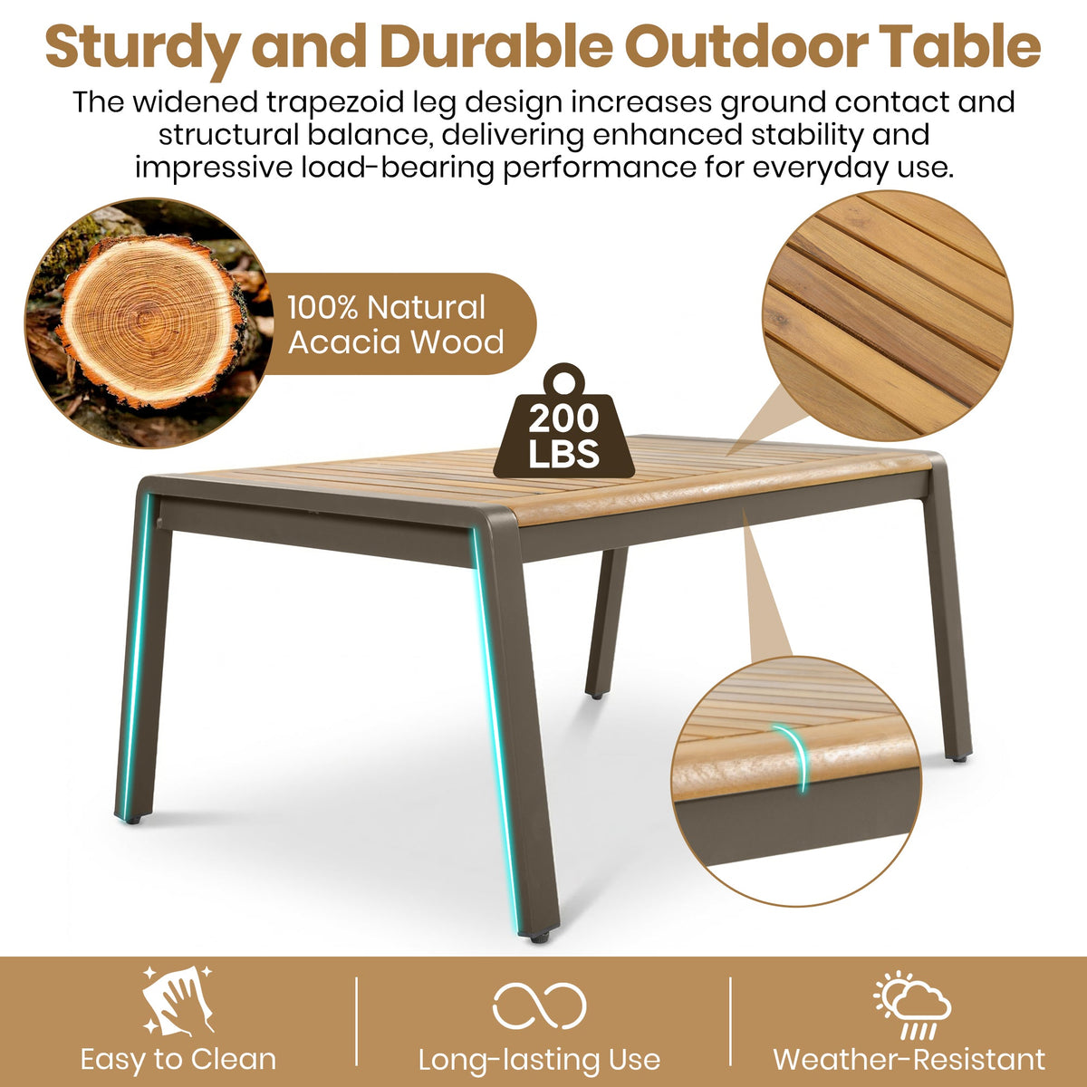 6-Piece Outdoor Patio Furniture Set with Steel Frame & Acacia Wood Table - Brown, Cream Beige