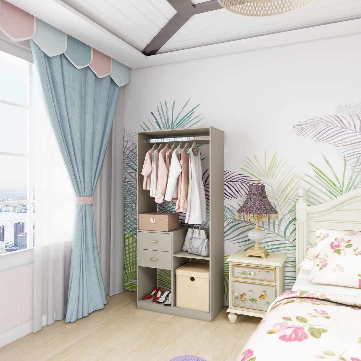 Closet Organizer System, Closet System with Drawers, Clothes Organizer with Closet Shelves Wall Mounted, Grey Wardrobe Closet with Clothing Racks for Hanging Clothes(32"W x 16"D x 71"H)