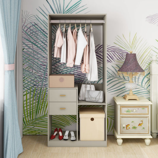 Closet Organizer System, Closet System with Drawers, Clothes Organizer with Closet Shelves Wall Mounted, Grey Wardrobe Closet with Clothing Racks for Hanging Clothes(32"W x 16"D x 71"H)