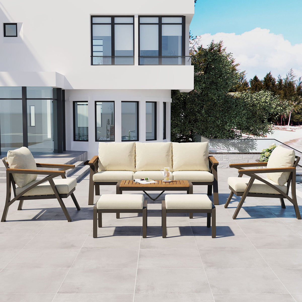 6-Piece Outdoor Patio Furniture Set with Steel Frame & Acacia Wood Table - Brown, Cream Beige